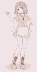 Rule 34 | 1girl, apron, blush, boots, brown background, brown eyes, brown footwear, brown hair, brown shirt, brown skirt, closed mouth, collarbone, commentary request, copyright request, cross-laced footwear, full body, hair ornament, hairclip, hand on own hip, hand up, jigatei (omijin), lace-up boots, looking at viewer, monochrome, pointy ears, shadow, shirt, short sleeves, skirt, solo, standing, v, waist apron
