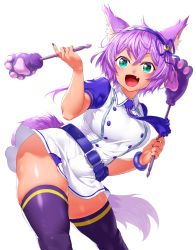 Rule 34 | 1girl, animal ear fluff, animal ears, animal hands, belt, belt buckle, blue belt, blue dress, blue hairband, blush, bracelet, buckle, buttons, commentary request, dark-skinned female, dark skin, double-breasted, dress, drumsticks, green eyes, hairband, highres, holding, holding drumsticks, jewelry, long hair, looking at viewer, nail polish, onsoku inu, open mouth, puffy sleeves, purple hair, purple nails, purple thighhighs, ruhuyu (show by rock!!), shiny skin, show by rock!!, simple background, skindentation, solo, standing, tail, thighhighs, thighs, two-tone dress, white background, white dress