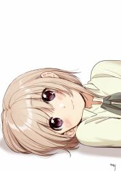 Rule 34 | 1girl, amaetai hi wa soba ni ite, blush, closed mouth, collared shirt, commentary request, green ribbon, grey shirt, hinageshi (amaetai hi wa soba ni ite), kawai makoto, light brown hair, lying, neck ribbon, on side, purple eyes, ribbon, shirt, short hair, signature, simple background, smile, solo, white background, wing collar