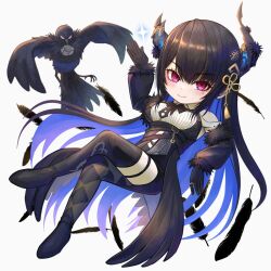 Rule 34 | 1girl, asymmetrical horns, bird, black cape, black gloves, black hair, black thighhighs, black wings, blue hair, cape, colored inner hair, crossed legs, crow, demon horns, feathered wings, feathers, fur-trimmed sleeves, fur trim, gloves, highres, hololive, hololive english, horns, long hair, looking at viewer, mole, mole under eye, multicolored hair, nerissa ravencroft, nerissa ravencroft (1st costume), red eyes, ruraji, shadow (nerissa ravencroft), shirt, smile, thigh strap, thighhighs, very long hair, virtual youtuber, white background, white shirt, wings