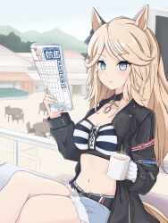 Rule 34 | 1girl, animal ears, bandeau, black jacket, blonde hair, blue eyes, bow, breasts, cleavage, coffee cup, cup, denim, denim shorts, disposable cup, ear bow, from side, funamori, gold city (umamusume), highres, holding, holding cup, holding newspaper, horse ears, horse girl, jacket, long hair, long sleeves, looking at viewer, medium breasts, midriff, navel, newspaper, open clothes, open jacket, short shorts, shorts, solo, umamusume