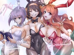 3girls animal_ears asahina_mikuru black_bow black_bowtie black_leotard book bow bowtie breasts brown_eyes brown_hair closed_eyes closed_mouth collarbone covered_navel detached_collar expressionless facing_viewer fake_animal_ears fake_tail grin hair_ribbon hairband hanahana_da holding holding_book large_breasts leotard long_hair looking_at_viewer medium_breasts medium_hair multiple_girls nagato_yuki official_alternate_costume open_book open_mouth orange_eyes orange_hair playboy_bunny purple_hair rabbit_ears rabbit_tail red_bow red_bowtie red_leotard ribbon short_hair side-tie_leotard simple_background small_breasts smile suzumiya_haruhi suzumiya_haruhi_no_yuuutsu tail tongue v white_background white_bow white_bowtie white_leotard white_wrist_cuffs wrist_cuffs yellow_hairband yellow_ribbon