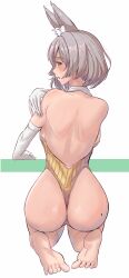 Rule 34 | 1girl, absurdres, alternate costume, animal ear fluff, animal ears, ass, ass focus, backboob, backless outfit, bare shoulders, barefoot, blush, breasts, brown eyes, calmgreentori, cat ears, elbow gloves, embarrassed, from behind, gloves, grey hair, highres, huge ass, kneeling, leotard, looking at viewer, looking back, mole, mole on ass, nia (xenoblade), open mouth, short hair, solo, thong, thong leotard, xenoblade chronicles (series), xenoblade chronicles 2