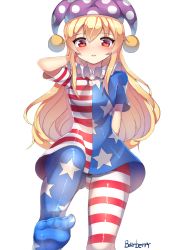 Rule 34 | 1girl, american flag dress, american flag legwear, arm behind back, bad id, bad twitter id, blonde hair, blush, clownpiece, collar, feet, frilled collar, frilled shirt collar, frills, from below, gluteal fold, hat, highres, jester cap, leg up, long hair, looking at viewer, neck ruff, no shoes, pantyhose, papo, parted lips, polka dot, red eyes, short sleeves, simple background, solo, standing, standing on one leg, striped clothes, striped pantyhose, toes, touhou, white background