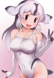 Rule 34 | 1girl, :3, :d, bare shoulders, bearded seal (kemono friends), breasts, brown eyes, collarbone, commentary, cowboy shot, elbow gloves, gloves, gradient background, grey gloves, grey hair, highleg, highleg leotard, highres, kemono friends, large breasts, leotard, looking at viewer, masuyama ryou, open mouth, simple background, smile, solo, tail, v
