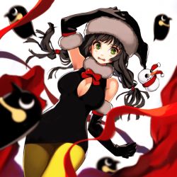 Rule 34 | 1girl, bird, black dress, black gloves, black hair, blurry, blush stickers, bow, bowtie, breasts, depth of field, dress, elbow gloves, embarrassed, female focus, fur-trimmed gloves, fur collar, fur trim, gloves, green eyes, hand on own head, hat, highres, jun (navigavi), large breasts, long hair, looking at viewer, penguin, red bow, red bowtie, red ribbon, ribbon, santa hat, short dress, simple background, snowman, solo, twintails, white background, yellow legwear