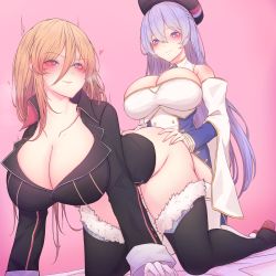 Rule 34 | 1futa, 1girl, absurdres, all fours, ass, azur lane, bismarck (azur lane), black footwear, black headwear, black jacket, blue eyes, boots, braid, breasts, buttons, censored, cleavage, coat, commission, detached sleeves, double-breasted, french braid, fur-trimmed boots, fur trim, futa with female, futanari, gold trim, hair between eyes, highres, huge breasts, jacket, kneeling, long hair, mosaic censoring, multicolored coat, multiple girls, penis, pink background, pixiv commission, purple coat, purple eyes, purple hair, rikuguma, rodney (azur lane), sex, simple background, thigh boots, thighhighs, two-tone coat, vaginal, very long hair, white coat, white footwear