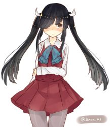 Rule 34 | 10s, 1girl, alternate hairstyle, artist name, bad id, bad twitter id, black hair, blush, bow, bowtie, hair over one eye, hair ribbon, hayashimo (kancolle), kantai collection, long hair, looking to the side, myao (jumca my), pantyhose, ribbon, school uniform, simple background, skirt, solo, twintails, twitter username, very long hair