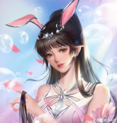 Rule 34 | 1girl, absurdres, animal ears, blue sky, brown eyes, brown hair, bubble, collar, douluo dalu, dress, fo xi hai jin, hair ornament, hand in own hair, highres, light rays, metal collar, pink dress, ponytail, rabbit ears, sky, smile, solo, teeth, upper body, xiao wu (douluo dalu)