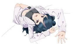 Rule 34 | 1girl, blue hair, breasts, commentary request, crop top, dark blue hair, fujimiz, grey shirt, hair bun, highres, jacket, long hair, long sleeves, looking at viewer, love live!, love live! sunshine!!, lying, medium breasts, midriff, navel, on back, open clothes, open jacket, open mouth, red eyes, shirt, simple background, single side bun, solo, teeth, tsushima yoshiko, white background, white jacket