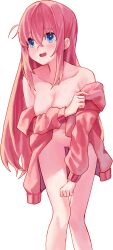 Rule 34 | 1girl, blue eyes, blush, bocchi the rock!, breasts, cleavage, collarbone, gotoh hitori, highres, jacket, kaze 22, large breasts, leaning forward, long hair, naked jacket, navel, off shoulder, open clothes, open jacket, pink hair, pink jacket, simple background, solo, white background