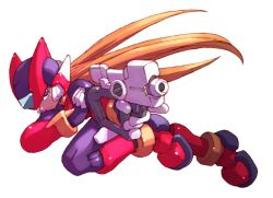 Rule 34 | 1boy, archived source, armor, blonde hair, closed mouth, energy gun, forehead jewel, full body, gun, helmet, highres, holding, holding gun, holding weapon, long hair, male focus, mega man (series), mega man zero (series), nakayama tooru, non-web source, official art, red armor, red helmet, running, serious, simple background, solo, very long hair, weapon, white background, z saber, zero(z) (mega man), zero (mega man)