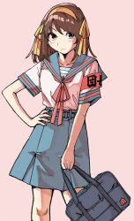 Rule 34 | 1girl, armband, bag, belt, blue belt, blue sailor collar, blue skirt, brown eyes, brown hair, chorohanage, closed mouth, collarbone, commentary request, hair ribbon, hairband, hand on own hip, highres, holding, holding bag, kita high school uniform, paperclip, pink background, red ribbon, ribbon, sailor collar, school bag, school uniform, serafuku, short hair, simple background, skirt, solo, standing, suzumiya haruhi, suzumiya haruhi no yuuutsu, yellow hairband, yellow ribbon