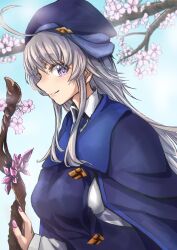 Rule 34 | 1girl, ahoge, blue hat, breasts, cherry blossoms, grey hair, hat, highres, kantai collection, large breasts, long hair, medium breasts, pink nails, purple eyes, sidelocks, smile, solo, tonke, upper body, very long hair, washington (kancolle)