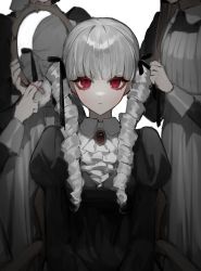 Rule 34 | 4girls, absurdres, bamme o3o, black hair, black ribbon, blunt bangs, blush, brown hair, chair, closed mouth, drill hair, eyelashes, gem, grey hair, hair ribbon, highres, holding, holding mirror, long eyelashes, long hair, looking at viewer, maid, mirror, multiple girls, original, puffy sleeves, red eyes, red gemstone, reflection, ribbon, simple background, sitting, solo focus, white background