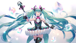 Rule 34 | 1girl, absurdly long hair, aqua hair, bare shoulders, bow, bowtie, closed eyes, commentary, cube, dress, framed breasts, frilled dress, frills, gloves, hair ornament, hat, hatsune miku, highres, holding, holding wand, light particles, long hair, magical mirai (vocaloid), magical mirai miku, magical mirai miku (2019), microphone wand, mini hat, mini top hat, neck ruff, open mouth, pink bow, pink bowtie, sleeveless, sleeveless dress, solo, standing, top hat, twintails, upper body, very long hair, vocaloid, wand, white dress, white gloves, white hat, wrist cuffs, yin.