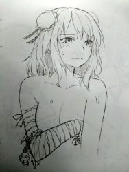 Rule 34 | 1girl, bandaged arm, bandages, bell, blush, bun cover, chain, collarbone, commentary request, covering privates, covering breasts, cropped torso, double bun, grey background, hair bun, ibaraki kasen, jingle bell, miyo (ranthath), monochrome, nude, short hair, sidelocks, sketch, solo, sweat, touhou, traditional media, upper body