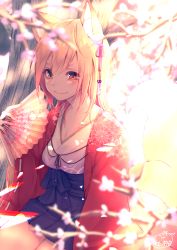 Rule 34 | 1girl, animal ear fluff, animal ears, black hakama, blonde hair, blurry, blurry foreground, blush, breasts, chita (ketchup), cleavage, closed mouth, commentary request, depth of field, floral print, folding fan, fox ears, fox girl, fox tail, hair between eyes, hakama, hakama short skirt, hakama skirt, hand fan, highres, holding, holding fan, japanese clothes, kimono, long hair, long sleeves, looking at viewer, medium breasts, original, red eyes, ribbon-trimmed sleeves, ribbon trim, short kimono, signature, sitting, skirt, smile, solo, tail, thick eyebrows, tree, very long hair, white kimono, wide sleeves