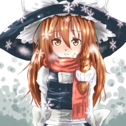 Rule 34 | 1girl, 370ml, arms behind back, bow, braid, brown hair, hair bow, hat, hat ribbon, kirisame marisa, long hair, long sleeves, looking at viewer, parted lips, ribbon, scarf, simple background, single braid, smile, snowflakes, solo, star (symbol), touhou, upper body, witch hat, yellow eyes
