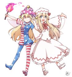 Rule 34 | 2girls, :d, ;), american flag dress, american flag legwear, blonde hair, blue eyes, blush, clownpiece, dated, fairy wings, full body, hat, highres, holding, jester cap, lily white, locked arms, long hair, long sleeves, looking at viewer, multiple girls, no shoes, one eye closed, open mouth, outstretched arm, pantyhose, pink eyes, shirt, shoes, signature, simple background, skirt, skirt set, smile, star (symbol), star print, torch, touhou, v, very long hair, white background, wide sleeves, wings, yutamaro