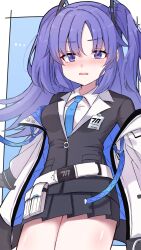 Rule 34 | 1girl, black gloves, black skirt, blue archive, blue necktie, blush, breasts, collared shirt, cowboy shot, formal, gloves, halo, highres, id card, jacket, katsukare, long hair, mechanical halo, medium breasts, necktie, open mouth, pleated skirt, purple eyes, purple hair, shirt, skirt, solo, suit, thighs, two-sided fabric, two-sided jacket, two side up, white jacket, white shirt, yuuka (blue archive)