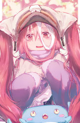Rule 34 | 1girl, absurdres, bags under eyes, blurry, blurry background, blush stickers, brown headwear, character request, fuunyon, hair between eyes, hands up, highres, japanese clothes, long hair, made in abyss, multicolored hair, open mouth, purple scarf, purple sleeves, red eyes, red hair, scarf, smile, solo focus, straight-on, streaked hair, twintails, upper body, very long hair, vueko, wavy mouth, white hair