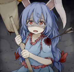 Rule 34 | 1girl, animal ears, arrow (projectile), arrow in body, blood, blood stain, blue dress, blue hair, rabbit ears, commentary request, dress, dripping, earclip, holding, holding mallet, injury, kine, long hair, looking at viewer, looking up, low-tied long hair, mallet, neko mata, open mouth, red eyes, scared, seiran (touhou), shaded face, short sleeves, solo, tears, touhou, wide-eyed