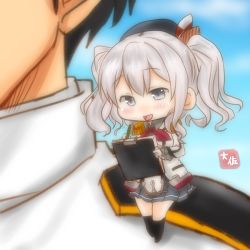 Rule 34 | 1boy, 1girl, :d, admiral (kancolle), black thighhighs, blue skirt, blush, chibi, clipboard, collared shirt, commentary request, epaulettes, grey eyes, grey hair, highres, holding, jacket, kantai collection, kashima (kancolle), long sleeves, military, military uniform, mini person, minigirl, open mouth, pleated skirt, shirt, signature, skirt, smile, taisa (kari), thighhighs, twintails, uniform, white jacket, wing collar, writing