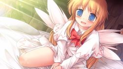 Rule 34 | 1girl, bed, blonde hair, blue eyes, blush, bow, bowtie, dress, female focus, highres, lily white, lzh, no headwear, no headwear, open mouth, sitting, socks, solo, touhou, v arms, wariza, white socks, wings