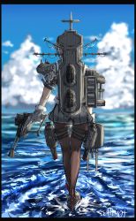Rule 34 | 1girl, adapted turret, black pantyhose, blue sky, cannon, cloud, commentary request, day, from behind, gloves, grey skirt, hamakaze (kancolle), highres, kantai collection, machinery, outdoors, pantyhose, pleated skirt, rudder footwear, school uniform, seitei (04seitei), serafuku, short hair, silver hair, skirt, sky, solo, turret, walking, walking on liquid, white gloves