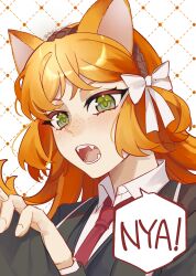 Rule 34 | 1girl, absurdres, animal ears, bow, brown hairband, cat ears, collared shirt, fangs, hair bow, hairband, highres, ishmael (project moon), limbus company, long hair, looking at viewer, necktie, open mouth, orange hair, project moon, red necktie, rope, shirt, sidelocks, solo, speech bubble, touu yaiba, upper body, very long hair, white bow, white shirt
