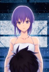 Rule 34 | 1boy, 1girl, black hair, camisole, collarbone, dot nose, eyebrows, fate/prototype, fate/prototype: fragments of blue and silver, fate (series), hair between eyes, hassan of serenity (fate), hetero, highres, light, looking at another, looking at viewer, medium hair, nakahara (mu tation), novel illustration, official art, open mouth, parted lips, purple eyes, purple hair, short hair, sidelocks, solo focus, upper body, white camisole