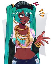 Rule 34 | 1girl, ai-generated art (topic), alternate skin color, anger vein, baseball cap, bracelet, breasts, chain necklace, commentary, cropped shirt, dark-skinned female, dark skin, earrings, english commentary, green eyes, grey hair, hat, hatsune miku, highres, hoop earrings, jewelry, long hair, medium breasts, midriff, navel, necklace, open mouth, solo, twintails, upper body, very dark skin, very long hair, vmifishi, vocaloid