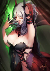 Rule 34 | 1girl, armpits, ascot, blue nails, breasts, carmilla (fate), cleavage, dress, fate/grand order, fate (series), fingernails, genyaky, green background, grey hair, hand up, highres, large breasts, long fingernails, looking at viewer, mask, unworn mask, nail polish, parted lips, red ascot, red dress, sharp fingernails, signature, solo, yellow eyes