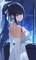 Rule 34 | 1girl, absurdres, black hair, blue archive, blue eyes, blue hair, blue halo, breasts, bridal gauntlets, choker, colored inner hair, dress, elbow gloves, gloves, halo, highres, large breasts, long hair, looking at viewer, looking back, multicolored hair, official alternate costume, riel (ataraxia2334), saori (blue archive), saori (dress) (blue archive), solo, strapless, strapless dress, white bridal gauntlets, white choker, white dress, white gloves