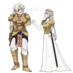 Rule 34 | ..., 1boy, 1girl, aged up, armor, armored dress, dress, elbow gloves, gloves, grey hair, highres, link, looking at another, mims (mimimon), nintendo, princess zelda, scar, shared speech bubble, speech bubble, spoken ellipsis, standing, sword, the legend of zelda, the legend of zelda: ocarina of time, weapon
