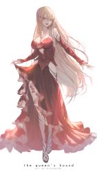 Rule 34 | 1girl, bare shoulders, blonde hair, breasts, check copyright, cleavage, commentary, copyright request, detached sleeves, dress, erospanda, fang, full body, highres, large breasts, long hair, original, red dress, sandals, simple background, solo, torn clothes, vampire, white background