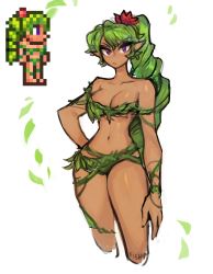 Rule 34 | 1girl, :/, absurdres, bare shoulders, breasts, collarbone, commentary, cowboy shot, cropped legs, dark-skinned female, dark skin, dryad, dryad (terraria), english commentary, flower, frown, green hair, hair flower, hair ornament, hand on own hip, highres, long hair, looking at viewer, matilda fiship, medium breasts, navel, pixel art, plant, pointy ears, ponytail, purple eyes, simple background, solo, terraria, v-shaped eyebrows, very long hair, vines, white background