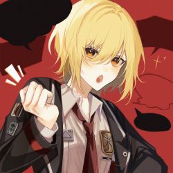 Rule 34 | 1girl, badge, black jacket, blonde hair, blush, don quixote (project moon), formal, highres, jacket, limbus company, long sleeves, necktie, open mouth, orange eyes, project moon, red necktie, sabayu 05, shirt, sparkling eyes, speech bubble, suit, white shirt