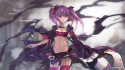Rule 34 | 1girl, aisha landar, artist name, bad id, bad pixiv id, bandeau, breasts, cleavage, cowboy shot, cross, elsword, garter straps, hair ribbon, midriff, navel, pink thighhighs, purple eyes, purple hair, ribbon, skirt, sleeves past wrists, small breasts, solo, strapless, swd3e2, thighhighs, translation request, tube top, twintails, void princess, void princess (elsword)