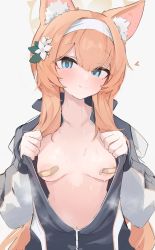 Rule 34 | 1girl, animal ear fluff, animal ears, bandaid, bandaids on nipples, blue archive, blue eyes, flower, hairband, highres, jacket, long hair, mari (blue archive), mari (track) (blue archive), mikozin, multicolored clothes, multicolored jacket, no bra, no shirt, official alternate costume, open clothes, open jacket, orange hair, partially unzipped, pasties, sportswear, sweat, track jacket, two-tone jacket, upper body, white flower, white hairband
