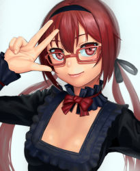 Rule 34 | 10s, 1girl, bow, breasts, cleavage, detached collar, frills, glasses, hair ribbon, hairband, joukamachi no dandelion, lasterk, light smile, long hair, long sleeves, looking at viewer, low twintails, red-framed eyewear, red eyes, red hair, ribbon, sakurada akane, scarlet bloom, simple background, small breasts, smile, solo, twintails, upper body, v, very long hair