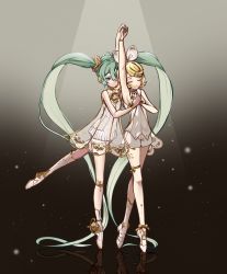 Rule 34 | 2girls, absurdly long hair, arm up, asymmetrical footwear, ballet slippers, blonde hair, blue eyes, boots, bow, bracelet, breasts, choker, closed eyes, dancing, dress, en pointe, flipped hair, gold trim, green hair, hair bow, hair ornament, hairclip, hatsune miku, headphones, heart, heart hair, highres, holding hands, ianxy2, jewelry, kagamine rin, knee strap, long hair, looking at another, mismatched footwear, multiple girls, necklace, pleated skirt, reflective floor, see-through, see-through dress, see-through shirt, shirt, short hair, shorts, sideboob, skirt, sleeveless, sleeveless shirt, small breasts, smile, spotlight, standing, standing on one leg, thigh strap, twintails, very long hair, vocaloid