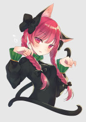 Rule 34 | 1girl, :3, animal ear fluff, animal ears, arms up, black dress, black ribbon, blush, braid, breasts, cat day, cat ears, cat tail, closed mouth, cropped torso, dress, eyelashes, fingernails, frilled sleeves, frills, grey background, hair ribbon, heart, kaenbyou rin, kirisita, long hair, long sleeves, looking at viewer, medium breasts, multiple tails, nekomata, paw pose, red eyes, red hair, ribbon, sidelocks, simple background, solo, standing, tail, touhou, tress ribbon, twin braids, two side up, two tails, upper body