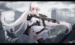 Rule 34 | 1girl, akm, allenes, assault rifle, asymmetrical legwear, black dress, black thighhighs, blush, breasts, cleavage, closed mouth, cloud, cloudy sky, commentary request, dress, elbow gloves, gloves, gun, holding, holding gun, holding weapon, kalashnikov rifle, letterboxed, long hair, looking at viewer, low twintails, maid, medium breasts, mismatched legwear, original, outdoors, panties, puffy short sleeves, puffy sleeves, red eyes, ruins, scope, see-through, short sleeves, skindentation, sky, solo, thighhighs, twintails, underwear, very long hair, weapon, weapon request, white hair, white panties, white thighhighs