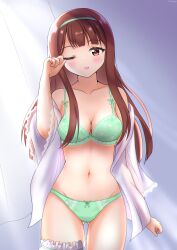 Rule 34 | 1girl, absurdres, bow, bow bra, bow panties, bra, breasts, bridal garter, brown eyes, brown hair, commentary, cowboy shot, crotch seam, curtains, er dinosaur, gluteal fold, green bra, green hairband, green panties, hairband, highres, idolmaster, idolmaster million live!, lace, lace-trimmed bra, lace trim, long hair, looking at viewer, medium breasts, navel, no pants, off shoulder, one eye closed, open clothes, open mouth, open shirt, panties, rubbing eyes, shirt, smile, solo, standing, tanaka kotoha, underwear, white shirt