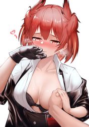 Rule 34 | 1girl, absurdres, animal ears, arknights, bird ears, bird girl, black bra, black gloves, black jacket, blush, bra, bra pull, grabbing another&#039;s breast, breasts, clothes pull, cloverse6, collared shirt, commentary, english commentary, fiammetta (arknights), gloves, grabbing, guided breast grab, guiding hand, hair between eyes, heart, heavy breathing, highres, jacket, medium breasts, open clothes, open jacket, open shirt, parted lips, pov, red eyes, red hair, shirt, simple background, single glove, spoken heart, sweat, underwear, white background, white shirt