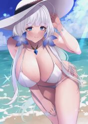 Rule 34 | 1girl, azur lane, bare shoulders, bikini, blue eyes, blue nails, blush, bracelet, breasts, cleavage, closed mouth, commentary, hair ornament, hand up, hat, highres, huge breasts, illustrious (azur lane), jewelry, large hat, leaning forward, long hair, looking at viewer, mole, mole under eye, nail polish, necklace, ocean, outdoors, smile, solo, swimsuit, thigh strap, thighs, water, wee (weeyy), white bikini, white hair, white hat