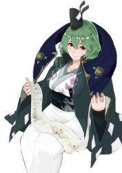 Rule 34 | 1girl, black hat, closed mouth, commentary request, cosplay, green eyes, green hair, hat, highres, holding, holding scroll, japanese clothes, kimono, looking at viewer, ofuda, ofuda on clothes, sash, scroll, short hair, simple background, smile, soga no tojiko, solo, tate eboshi, touhou, usami sadamitsu, usami sadamitsu (cosplay), white background, white kimono, yatsu (yaxtu1029)