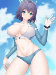 Rule 34 | 1girl, asamura hiori, bikini, blue archive, blue bikini, blue eyes, blue sky, breasts, closed mouth, cloud, commentary request, fingernails, green halo, halo, highres, jacket, large breasts, long sleeves, looking at viewer, navel, no headwear, official alternate costume, open clothes, open jacket, outdoors, purple hair, saki (blue archive), saki (swimsuit) (blue archive), see-through, short hair, sky, smile, solo, stomach, swimsuit, thighs, watch, wet, wet clothes, wristwatch, zipper